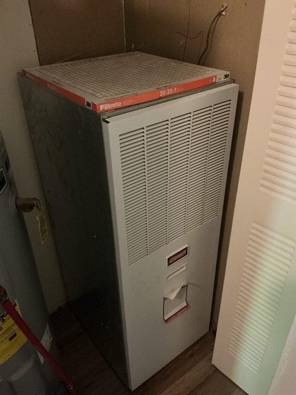Completed routine cooling maintenance on vertical HVAC unit. Installed new 20x20x1 Filtrete filter, verified Sensi programmable thermostat operation showing 64°F ambient with 60°F cooling setpoint. Unit marked for follow-up inspection in 15 days coordinating with scheduled duct cleaning service.