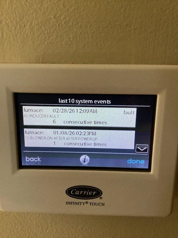 Completed semi-annual cooling maintenance on Carrier Infinity system with comprehensive tune-up including inspection of outdoor condensing unit, refrigerant level verification, electrical connection testing, and condenser coil cleaning. Reviewed thermostat diagnostics revealing previous inducer fault code from February requiring monitoring during heating season. Measured supply air temperature at 73.9°F and confirmed all cooling components operating within manufacturer specifications for upcoming summer season.