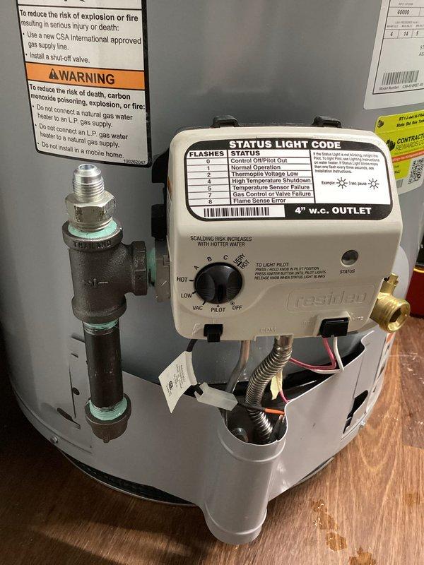 Replaced existing 40-gallon residential gas water heater with new unit. Disconnected and removed old water heater, including gas supply line, cold water inlet, and hot water outlet connections. Installed new 40-gallon gas water heater in same location, reconnecting all water supply lines using flexible corrugated stainless steel connectors. Attached gas supply line with proper fittings and verified all connections for leaks. Installed temperature and pressure relief valve with appropriate discharge piping. Connected flue vent pipe to ensure proper exhaust ventilation. Configured gas control valve settings and verified proper pilot light ignition and burner operation. Tested all plumbing connections for leaks and confirmed hot water delivery to fixtures throughout the home. System is operating within manufacturer specifications.