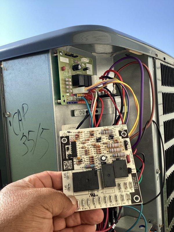 Returned to site and successfully installed replacement evaporator coil and defrost control board on heat pump system. Removed existing defective defrost board, connected new control board with proper wire terminations, and secured all electrical connections per manufacturer specifications to restore proper defrost cycle operation and system functionality.