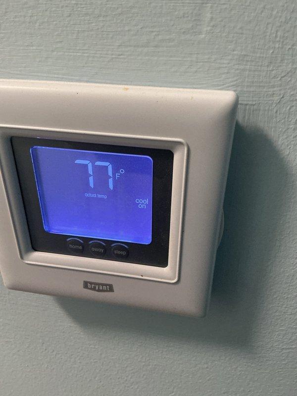 Completed routine cooling maintenance inspection per CCC Basic Monthly service agreement. Verified thermostat operation with Bryant unit displaying 77°F and actively cooling. Inspected HVAC system components and documented equipment condition. Customer requires 20x25x4 filter replacement, which is not included in standard service package.