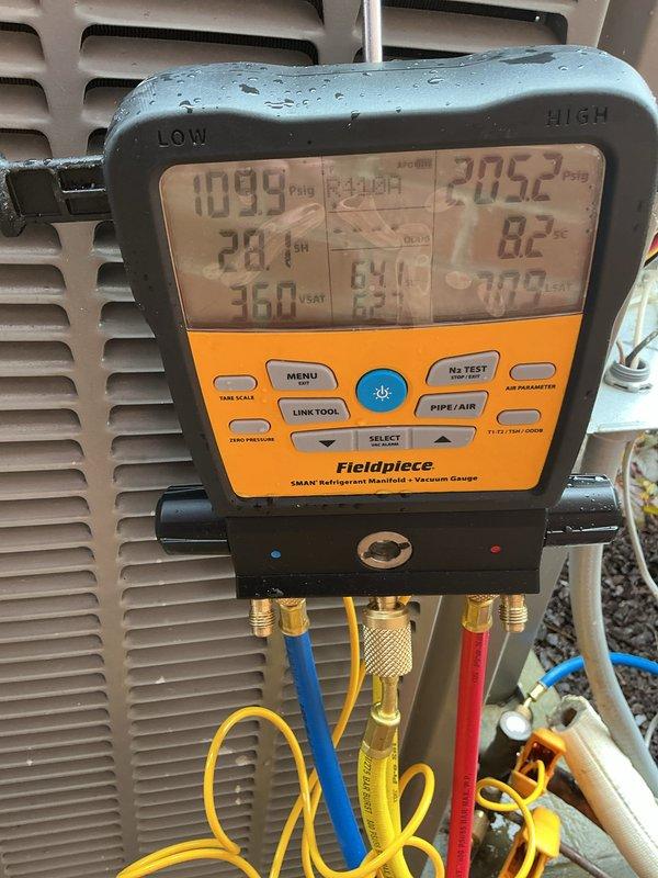 Performed comprehensive cooling maintenance on Lennox residential air conditioning system. Conducted system diagnostics using digital manifold gauges, recording operating pressures and temperatures to verify proper refrigerant charge and system performance. Unit operating within manufacturer specifications with no deficiencies noted. Customer requires 20x20x4 filter (not included in basic maintenance plan).