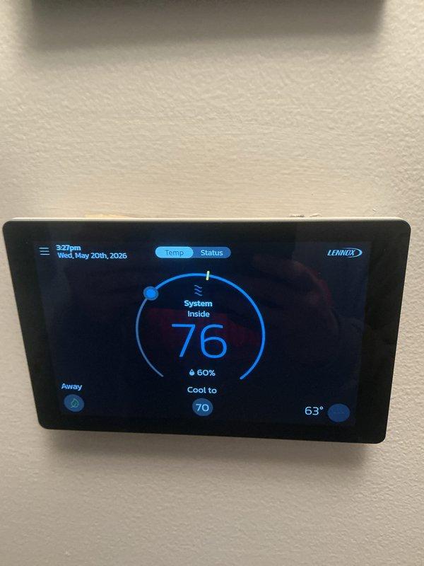 Completed comprehensive cooling preventive maintenance service on Lennox HVAC system. Installed new 20x20x4 FILTERBUY air filter and verified system operation with thermostat set to cool to 70°F from current temperature of 76°F. All equipment functioning properly with system maintaining proper airflow and temperature control.