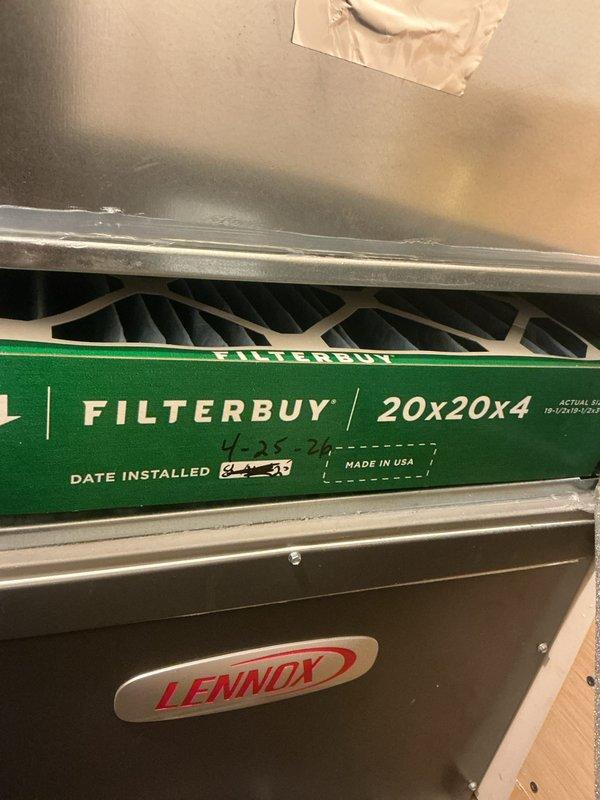 Completed comprehensive cooling preventive maintenance service on Lennox HVAC system. Installed new 20x20x4 FILTERBUY air filter and verified system operation with thermostat set to cool to 70°F from current temperature of 76°F. All equipment functioning properly with system maintaining proper airflow and temperature control.