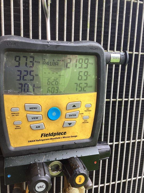 Replaced failed condenser fan motor on outdoor HVAC unit. Verified proper electrical connections to dual-run capacitor (25/5 MFD) and contactor assembly. System tested and confirmed operational with R-410A refrigerant pressures within normal range at 973 PSIG high side and 219.9 PSIG low side, with appropriate superheat and subcooling values.