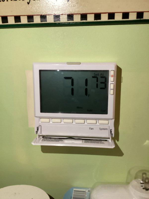 Completed routine cooling maintenance on CCHP system. Verified thermostat operation and confirmed display reading of 71.75°F with proper functionality of all controls. Performed electrical diagnostics using multimeter, recording amperage draw of 4.76A and voltage readings. System operating within normal parameters. Filter size noted as 16x20x4, not included in this service. All components inspected and system left in proper working condition.