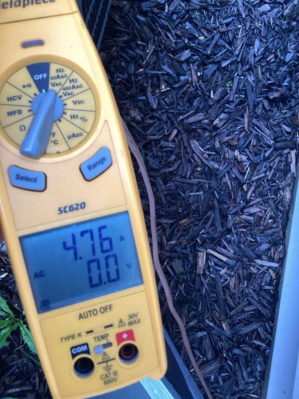 Completed routine cooling maintenance on CCHP system. Verified thermostat operation and confirmed display reading of 71.75°F with proper functionality of all controls. Performed electrical diagnostics using multimeter, recording amperage draw of 4.76A and voltage readings. System operating within normal parameters. Filter size noted as 16x20x4, not included in this service. All components inspected and system left in proper working condition.