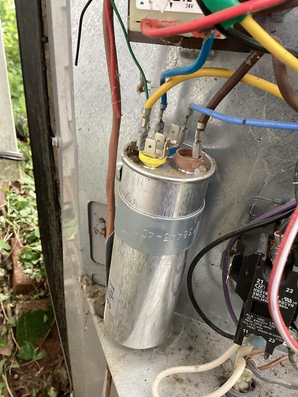 Responded to service call for air conditioning system running continuously without cooling. Upon inspection, diagnosed failed capacitor on outdoor condensing unit. Replaced defective capacitor, verified proper electrical connections, and tested system operation. Unit now cycling properly and achieving target temperatures.