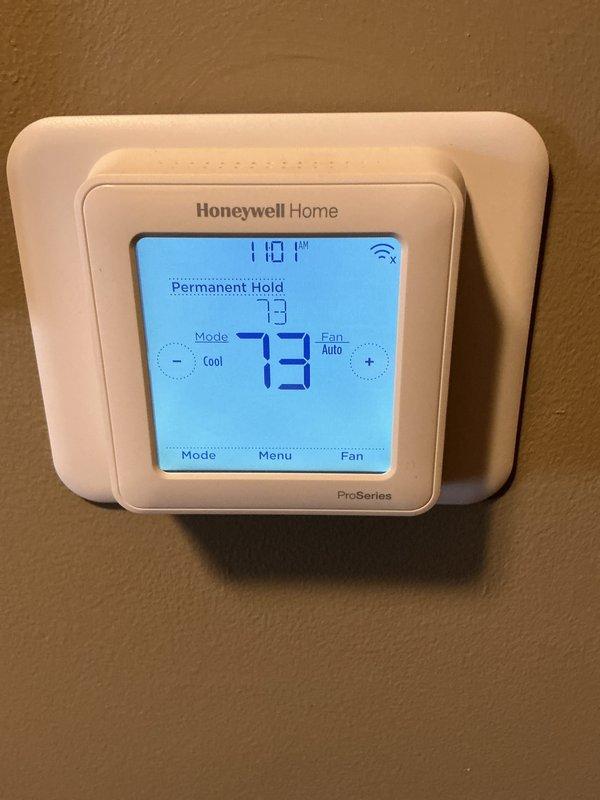 Completed monthly HVAC maintenance on Goodman cooling system, including visual inspection of furnace unit and ductwork assembly. Verified Honeywell ProSeries thermostat operation with system in cooling mode at 73°F setpoint, confirmed WiFi connectivity functional, and documented equipment condition with all components operating within normal parameters.