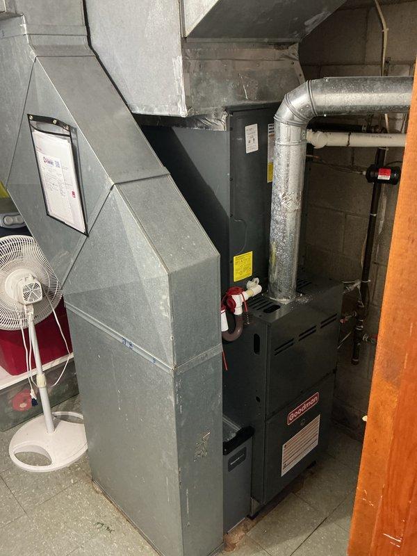 Completed monthly HVAC maintenance on Goodman cooling system, including visual inspection of furnace unit and ductwork assembly. Verified Honeywell ProSeries thermostat operation with system in cooling mode at 73°F setpoint, confirmed WiFi connectivity functional, and documented equipment condition with all components operating within normal parameters.