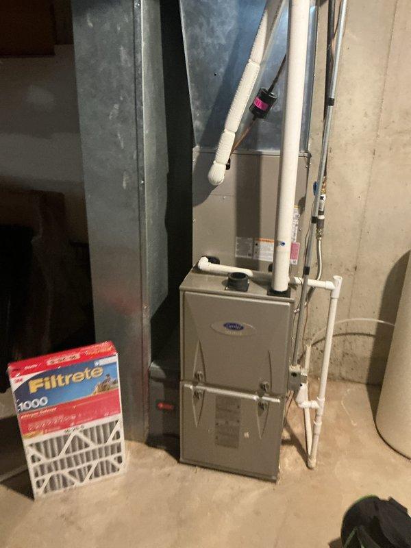 Completed monthly HVAC maintenance visit including comprehensive cooling system inspection. Performed visual inspection of outdoor condensing unit, checking electrical connections, capacitor, and wiring integrity. Inspected indoor furnace unit and ductwork system in basement mechanical area. Replaced 16x25x1 air filter as part of routine maintenance service. All system components operating within normal parameters with no issues identified during inspection.