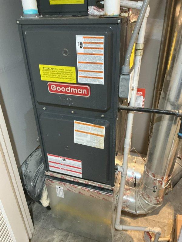 Completed comprehensive cooling maintenance on Goodman HVAC system. Performed CCC basic monthly service protocol, which included inspecting and replacing 16x25x1 air filter, checking thermostat operation (ecobee unit displaying proper cooling mode at 75°F setpoint), and evaluating overall system performance. Verified furnace unit condition, condensate drainage system, and associated ductwork for proper operation during cooling season.