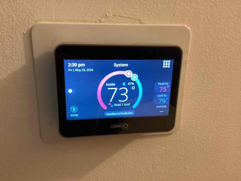 Replaced faulty outdoor thermostatic expansion valve (TXV) on Lennox unit to restore proper refrigerant metering and system performance. Verified thermostat operation and system functionality upon completion, with unit now maintaining proper heating and cooling capabilities.