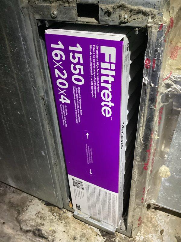 Received phone call requesting follow-up discussion regarding repair options from previous Saturday appointment. Documented existing Honeywell Home ProSeries digital thermostat showing 75-degree ambient temperature with 60-degree setpoint, and photographed 16x20x4 Filtrete 1550 filter installed in HVAC system with significant dust and debris accumulation visible on surrounding metal housing. Customer callback required to review recommended repair solutions.