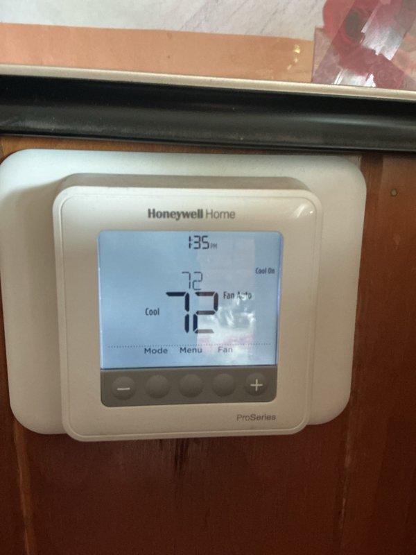 Completed routine HVAC maintenance on cooling system. Inspected and verified proper operation of Honeywell Home ProSeries thermostat, confirming accurate temperature reading of 72°F with system in cooling mode and fan set to auto. Replaced 20x20x4 air filter as part of CCC Basic maintenance agreement, which remains active through April 2026.