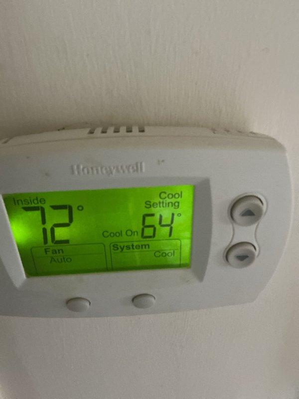 Completed comprehensive cooling maintenance service including filter replacement with 20x25x1 filter. Verified system operation with thermostat set to cooling mode at 64 degrees, inside temperature reading 72 degrees, and confirmed proper system cycling and fan operation on auto mode.