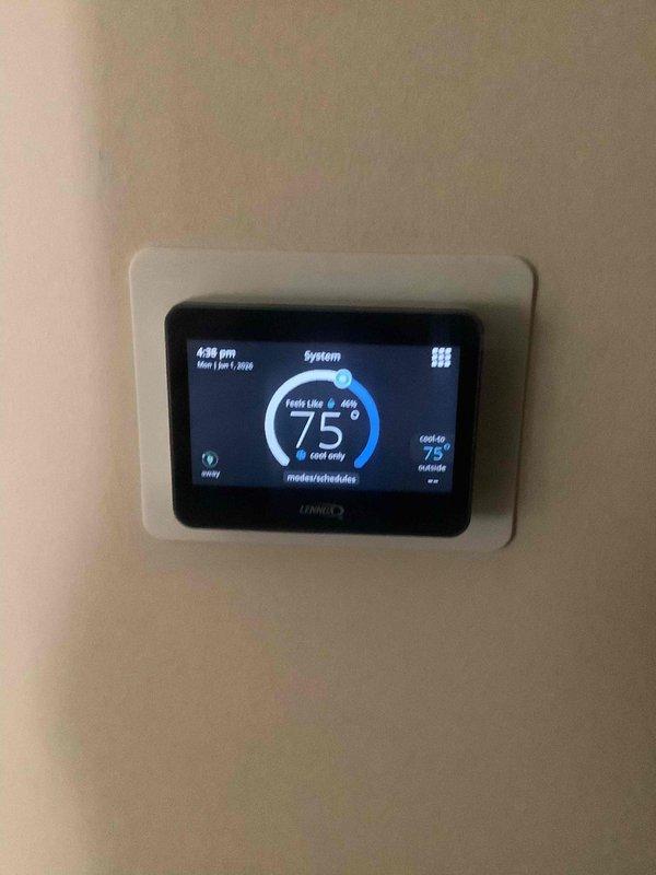 Completed preventive maintenance on Lennox mini-split cooling system. Performed standard cooling season maintenance procedures including system performance evaluation, refrigerant pressure testing using manifold gauges, and electrical diagnostics with digital multimeter. Verified thermostat operation and system controls functioning properly at 75°F cooling setpoint, confirmed outdoor condensing unit operational with proper airflow through fan assembly, and documented system status with maintenance renewal due 6/7/26.