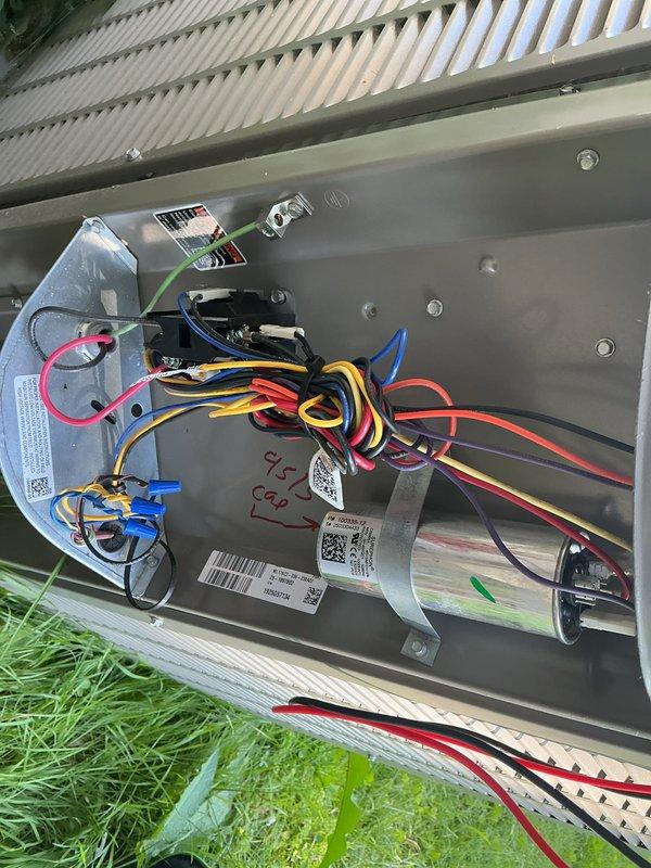 Completed comprehensive cooling tune-up on Lennox system per customer request due to frequent cycling concerns. Performed full system inspection including thermostat calibration verification, capacitor testing, electrical connection assessment, and refrigerant level evaluation. Thermostat operating properly at 72°F ambient with cooling setpoint of 68°F in cool-only mode. All electrical connections secure, capacitor within normal operating parameters, and wiring properly terminated throughout condensing unit. System cooling effectively with no immediate deficiencies noted during maintenance inspection.