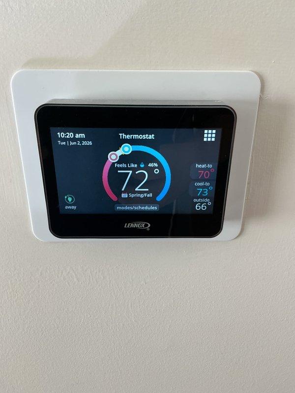 Completed scheduled preventive maintenance on residential cooling system. Performed comprehensive inspection of condensing unit, verified refrigerant pressures and temperatures within manufacturer specifications, cleaned condenser coil, checked electrical connections and amp draw on compressor and condenser fan motor. Inspected and tested Lennox digital thermostat for proper operation in cooling mode, confirmed accurate temperature readings and system response. All components operating normally with no deficiencies noted.