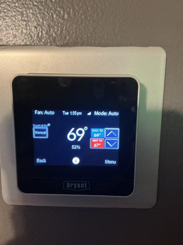 Completed comprehensive cooling maintenance visit under CCC Basic Monthly service agreement. Performed standard system inspection and preventive maintenance procedures on Bryant HVAC system. Verified thermostat operation and confirmed proper display functionality showing 69°F current temperature with 52% humidity, cooling setpoint at 69°F, and heating setpoint at 67°F in auto mode. Accessed return air grille and replaced heavily soiled 20x20x1 air filter per service agreement inclusion. Old filter showed significant dust and debris accumulation requiring replacement to maintain proper airflow and system efficiency. Cleaned return air grille and surrounding frame areas. System operating within normal parameters upon completion.