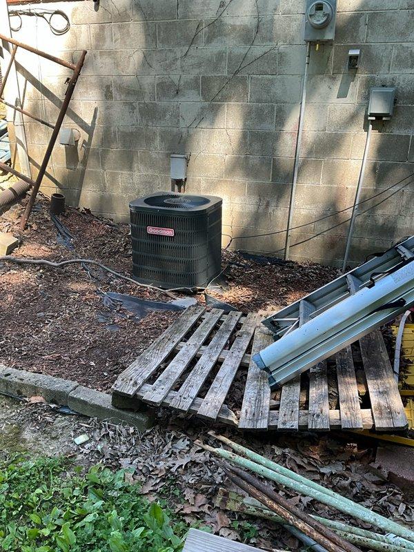 Responded to service call for punctured lineset on R-22 system requiring immediate replacement. Conducted comprehensive site evaluation of existing outdoor Goodman condenser unit and indoor Carrier furnace with evaporator coil. Assessed system age, refrigerant type, and customer timeline requirements. Documented current equipment configuration including condensate drainage, PVC venting, and electrical connections. Provided complete system replacement estimate for new HVAC equipment to address obsolete R-22 refrigerant and damaged lineset. Customer approved expedited installation timeline.