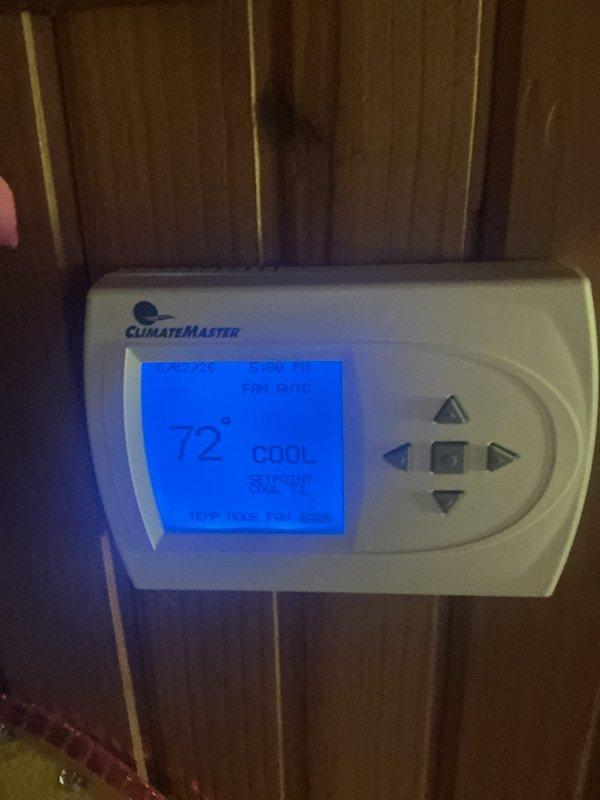 Completed monthly HVAC maintenance on ClimateMaster system, verifying proper cooling operation with thermostat displaying 72°F in cooling mode. Customer requires 16x25x4 filter which is not included in standard service; system operational and functioning as designed.