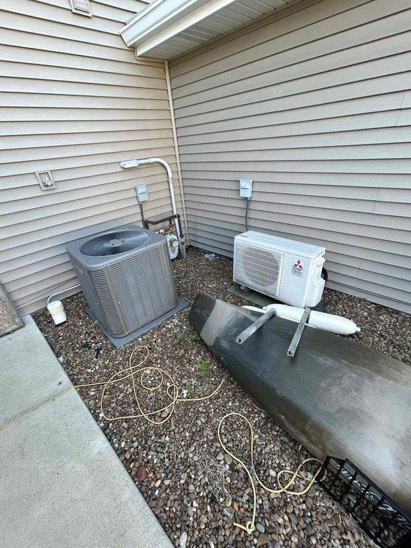 Completed basic monthly cooling maintenance on two HVAC systems including a Lennox furnace with air conditioning and a Mitsubishi mini-split unit. Performed standard preventive maintenance procedures on both systems, inspected outdoor condenser units, verified refrigerant line connections, checked electrical disconnects, and ensured proper operation of all components. Customer requires 16x20x4 filter which was not included in this service visit.