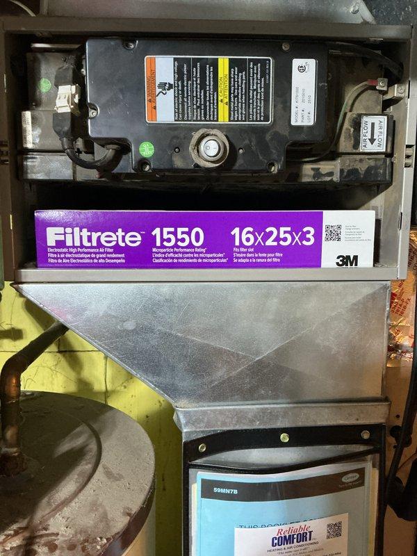 Completed basic monthly cooling maintenance visit. Inspected HVAC system operation and verified thermostat functioning properly in auto mode with heating set to 68°F and cooling set to 73°F. Replaced 16x25x3 Filtrete 1550 air filter in furnace compartment to maintain proper airflow and system efficiency.