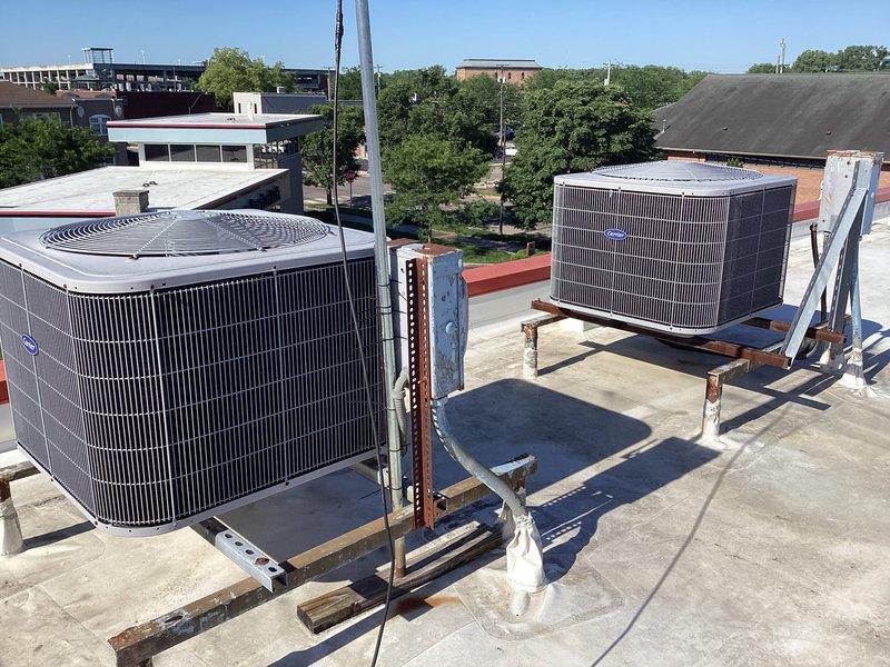 Completed comprehensive cooling maintenance on two rooftop HVAC systems under the CCHP service agreement with renewal through 9/16/26. Performed standard preventive maintenance procedures including inspection of condenser units, verification of system operation with temperature readings of 75.16°F, and assessment of all mechanical components. Filter size 20x25x4 not included in service agreement and will require separate provision by customer.