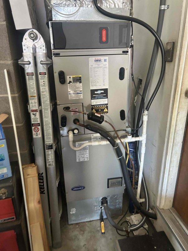 Completed comprehensive cooling maintenance on Carrier air handler unit as part of CCHP maintenance agreement. Performed full system inspection including refrigerant lines, electrical connections, and ductwork connections. Verified thermostat operation showing 73°F ambient temperature with 60% humidity level and cooling setpoint at 66°F. All system components operating within normal parameters. Customer advised that 20x20x4 filter is not included in maintenance agreement and should be replaced separately as needed. System renewed through 12/1/26.