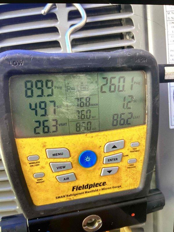 Returned to residential site to validate refrigerant levels on outdoor condensing unit using Fieldpiece SMAN digital manifold gauge. Measured system pressures, superheat, and subcool readings to assess refrigerant charge and overall system performance. Provided repair options based on diagnostic findings.
