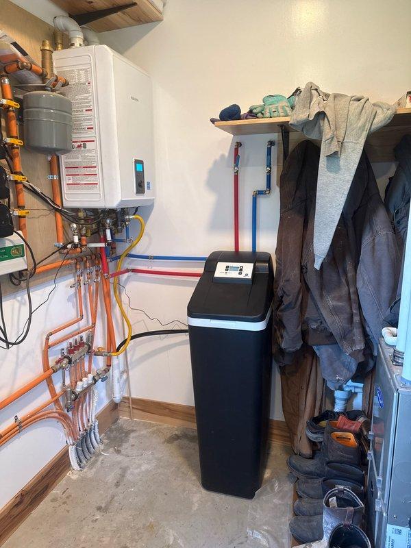 Performed comprehensive descaling flush on TF 99 tankless water heater to address lime buildup affecting unit performance. Installed new water softener system on cold water supply line to prevent future mineral accumulation and extend equipment lifespan.