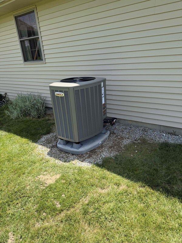 Completed full installation of Lennox heat pump system including indoor air handler and outdoor condensing unit. Indoor unit mounted in mechanical space with proper ductwork connections, electrical wiring, and refrigerant lines installed per manufacturer specifications. Outdoor condenser positioned on concrete pad with gravel base for drainage, connected to indoor unit via refrigerant lineset and electrical disconnect. System commissioned with startup procedures including refrigerant charge verification, airflow testing, thermostat configuration, and full operational testing of heating and cooling modes. All manufacturer labels and warranty documentation verified on equipment, system tested and confirmed operational.