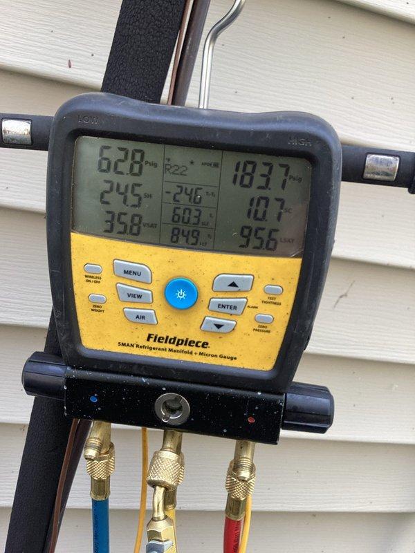 Performed second opinion evaluation on residential air conditioning system with low refrigerant charge. System assessment revealed R-22 refrigerant level at 5 pounds with a total requirement of 7 pounds to achieve proper operating pressures. Added 2 pounds of R-22 refrigerant to bring system to manufacturer specifications. Customer acknowledged potential leak in system but declined leak detection and repair services at this time, requesting only refrigerant recharge to maintain cooling function for short-term use.