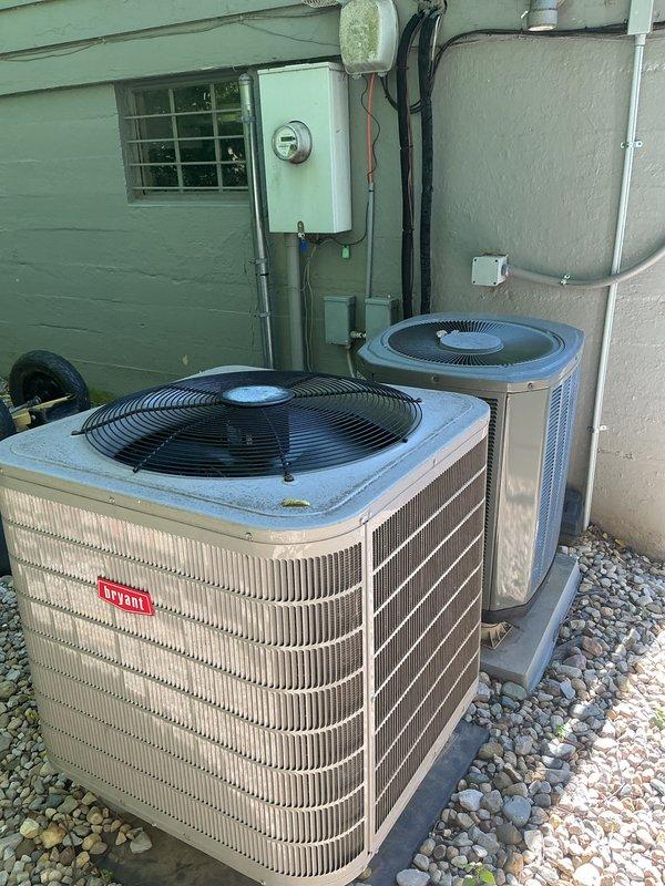 Completed comprehensive cooling season tune-up and preventative maintenance on two residential air conditioning systems per annual service contract. Performed full system inspection on both outdoor condenser units, including Bryant model and secondary unit, verifying proper refrigerant levels, electrical connections, and component operation. Cleaned condenser coils, checked amperage draws on compressor and fan motors, tested capacitors, and confirmed proper airflow and drainage on both systems to ensure optimal cooling performance for the season.