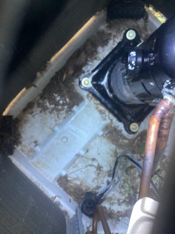 Responded to no-cooling call on 2-year-old Bryant air conditioning system. Upon arrival, accessed unit using key left under doormat as tenant was not present. Conducted visual inspection of condenser unit and identified dark burnt spot on electrical components, confirming suspected electrical failure. Documented extensive corrosion and rust staining on condenser base plate and mounting surfaces, along with oxidized copper refrigerant lines indicating moisture exposure. Photographed damaged electrical connector and motor assembly showing signs of thermal damage. System requires electrical component replacement to restore operation.