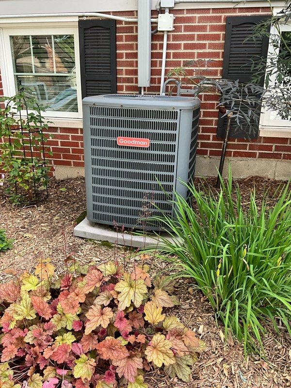 Completed full system replacement estimate for existing R-22 cooling-only system with air handler lacking backup heat capability. Unit was identified as low on refrigerant charge. Assessed ceiling-mounted return air grille and outdoor condensing unit positioned on concrete pad against brick exterior with associated refrigerant lines and electrical connections. Provided comprehensive replacement options for complete HVAC system upgrade to address obsolete R-22 refrigerant and missing auxiliary heat functionality.