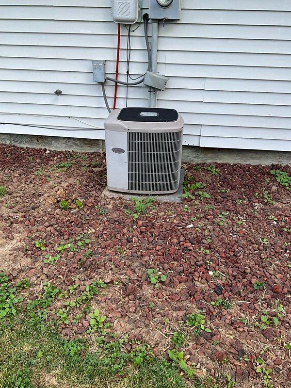 Completed HVAC estimate for full system replacement of existing outdoor condensing unit. Current unit operating inefficiently and requires replacement. Customer elected to proceed with replacement outside of home warranty coverage. Documented equipment model and serial numbers, photographed existing installation including electrical connections, metering equipment, and unit positioning against exterior wall.