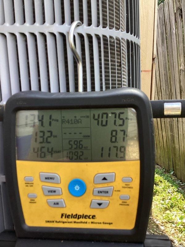 Completed annual cooling maintenance on residential air conditioning system. Performed comprehensive system inspection, measured refrigerant pressures and superheat/subcooling values using digital manifold gauges confirming R-410A charge within manufacturer specifications, verified proper operation of condenser unit, and replaced 20x20x4 air filter as part of routine preventive maintenance service.