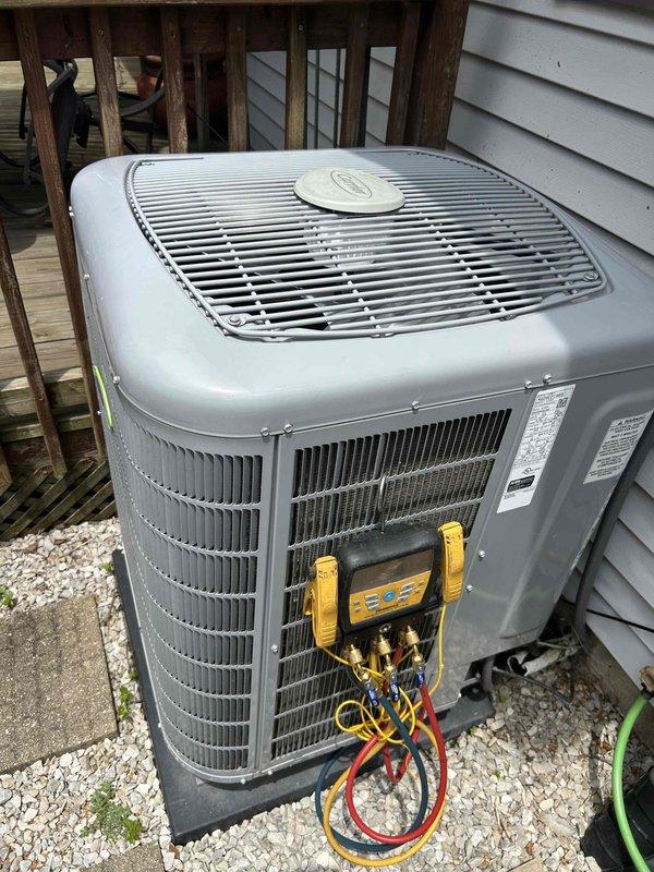 Responded to callback for water leaking from outdoor condensing unit. Connected refrigerant manifold gauges to service ports and performed diagnostic pressure and temperature readings on the system. System pressures measured at 614 PSIG with temperatures ranging from 123°F to 163°F, indicating potential high-side issues contributing to condensate overflow or refrigerant line sweating that resulted in water discharge around the unit.