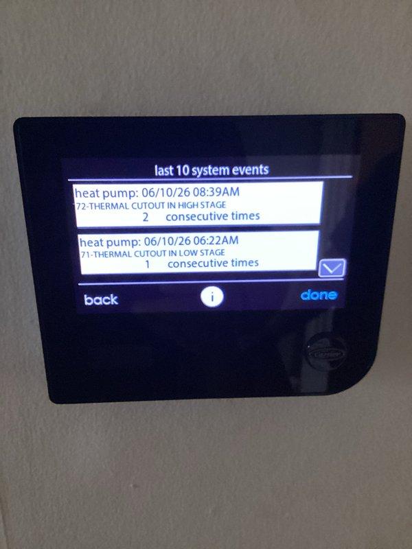 Responded to service call for upstairs AC not cooling and producing rattling noise. Diagnosed thermal cutout events on heat pump system showing high stage and low stage thermal protection activations. Inspected Carrier HVAC unit, checked electrical connections, and verified system operation to resolve recurring cooling issues.
