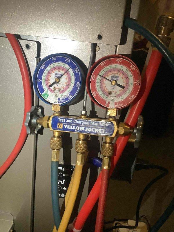 Responded to service callback for heat pump system experiencing thermal cutout faults. Retrieved system diagnostics showing thermal cutout events in both high stage (code 42) and low stage (code 71) compressor operation. Connected manifold gauges to evaluate refrigerant pressures and system performance, diagnosing cause of thermal protection activation and verifying proper operating conditions after troubleshooting.