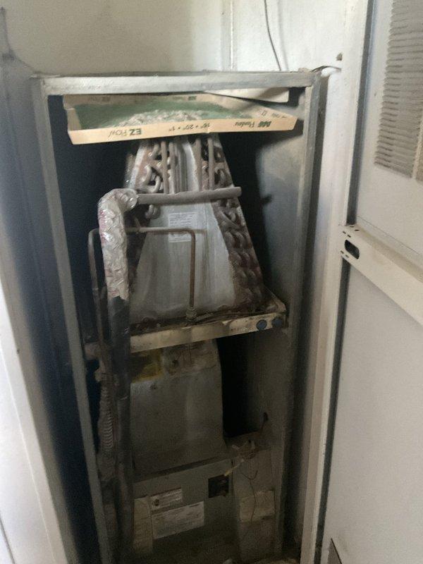 Responded to service call for non-operational air conditioning system with damaged refrigerant line caused by pet damage to outdoor condensing unit. Upon inspection, found Amana brand condenser with compromised refrigerant line requiring system replacement. Provided comprehensive estimate for complete HVAC system replacement including new outdoor condensing unit and compatible indoor air handler to replace existing aged furnace system showing significant wear and dust accumulation.