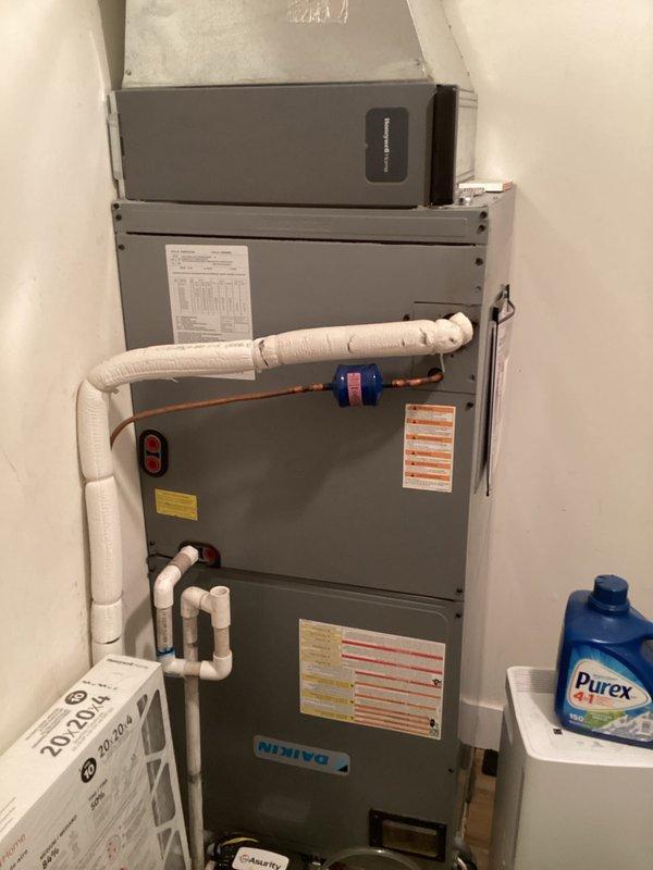 Completed monthly cooling maintenance on Daikin HVAC system per service agreement. Performed visual inspection of indoor air handler and outdoor condensing unit, verified all components operational, and noted system operating properly. Customer requested specialized gauges for refrigerant pressure testing; advised that diagnostic equipment will be brought on next visit to perform complete system check without refrigerant loss.