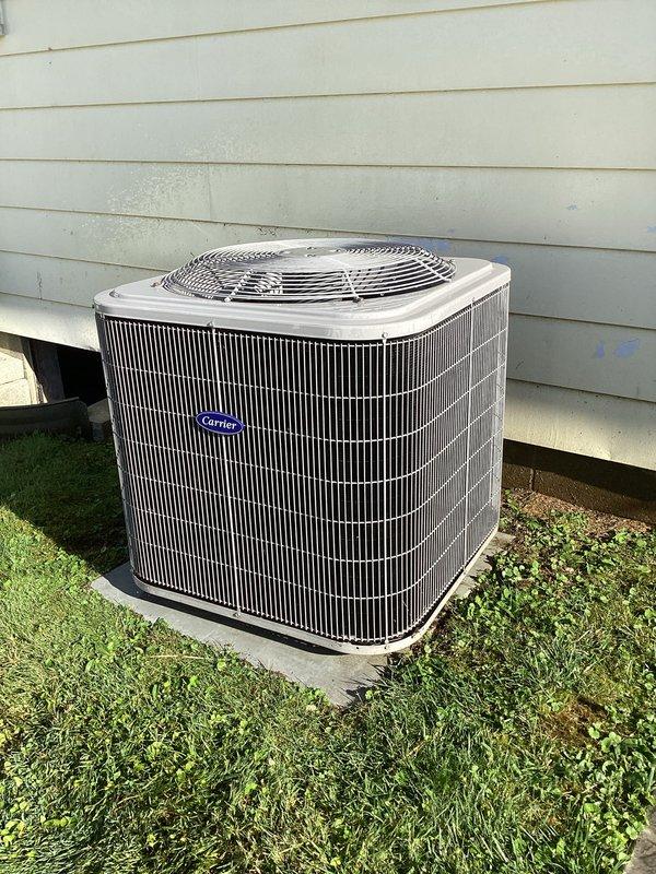 Completed cooling maintenance service on Carrier air conditioning system. Performed comprehensive inspection of indoor evaporator coil assembly and refrigerant lines, verified proper installation of service tags and component identification markers. Inspected outdoor condenser unit, confirmed operational condition of fan assembly and housing, noted unit positioned on proper concrete pad with adequate clearance. System components including copper refrigerant lines, electrical connections, and ductwork inspected and found in serviceable condition. Customer has active maintenance agreement renewing 10/23/26; standard 16x25x4 filter size not included in service agreement.