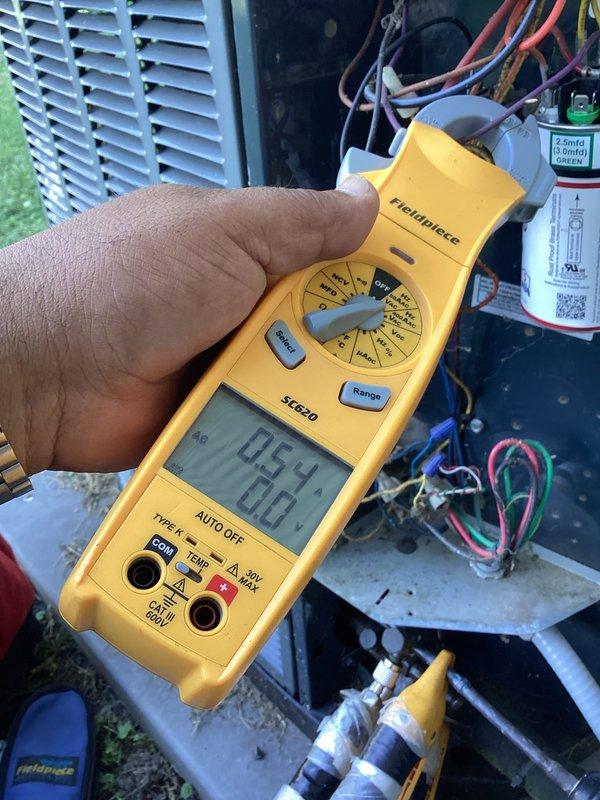 Completed CCC Basic Monthly maintenance service on cooling system. Performed electrical diagnostics using clamp meter, recording amp draw of 0.54A and voltage reading of 260.5V at capacitor connections. Inspected condenser fan motor and blower assembly, confirming proper operation with no unusual wear patterns observed on motor shaft. Replaced 20x20x4 air filter per maintenance agreement specifications. All electrical components within normal operating parameters.