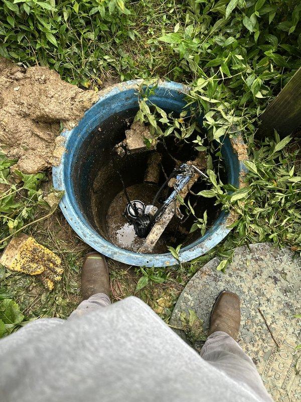 Replaced failed sewage pump in outdoor sump pit, removing old unit and installing new pump system with appropriate electrical connections and discharge piping. Cleared vegetation growth around access point and verified proper pump operation and float switch functionality upon completion.