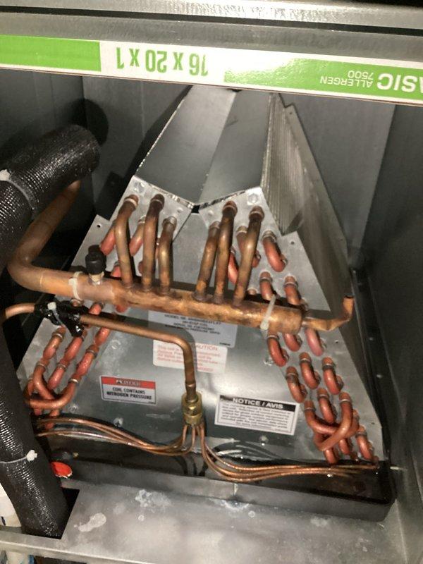 Completed routine cooling maintenance service including inspection of HVAC system components and evaporator coil assembly. Replaced 16x20x1 air filter with upgraded allergen-rated filter as part of annual maintenance agreement. Verified thermostat operation showing system in cooling mode with proper temperature control and WiFi connectivity functioning correctly.