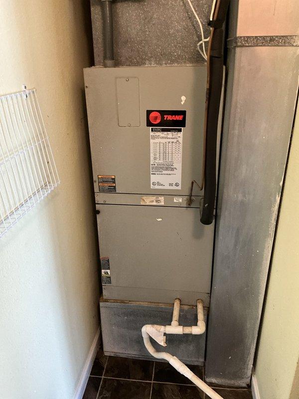 Conducted comprehensive assessment of existing HVAC system for replacement estimate. Evaluated outdoor Trane condenser unit mounted on concrete pad with associated refrigerant lines, electrical disconnect, and line set routing along exterior wall. Inspected indoor Trane air handler installation in utility area, including ductwork connections, condensate drain system, and electrical service. Documented current equipment specifications, installation configuration, and clearances to provide accurate replacement recommendations for complete system upgrade.