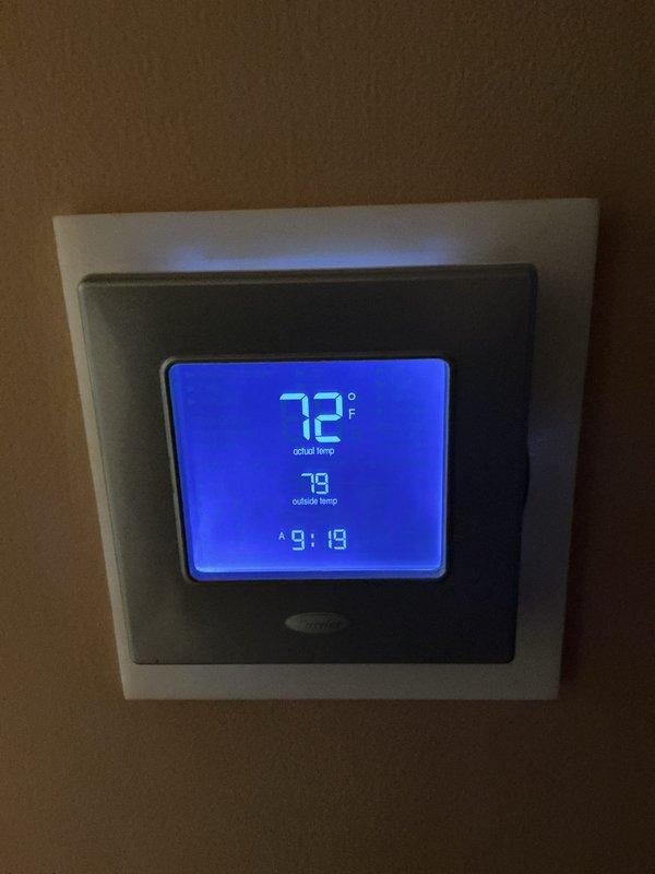 Completed monthly preventative maintenance service on residential Carrier HVAC system. Replaced 16x25x4 air filter as part of CCC Basic Monthly service agreement. Verified system operation with Carrier thermostat displaying 72°F indoor temperature, confirmed proper communication between thermostat and equipment, and documented system condition through photos showing air handler, furnace unit, and control settings at time of service.